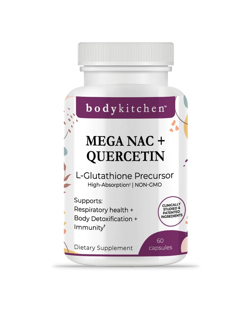 Body Kitchen Mega NAC (N-Acetyl Cysteine) Quercetin ile 600 mg, Supports Respiratory Health and Immune Function and Promosyons Liver and Kidney Detox, Veggie Caps (Paketi 1)