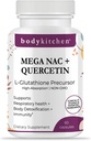 Body Kitchen Mega NAC (N-Acetyl Cysteine) Quercetin ile 600 mg, Supports Respiratory Health and Immune Function and Promosyons Liver and Kidney Detox, Veggie Caps (Paketi 1)