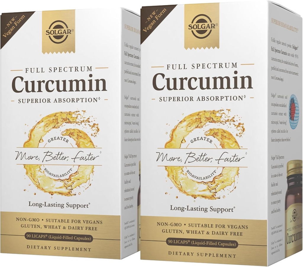 Solgar Full Spectrum Curcumin - 90 LiCaps, Συσκευασία των 2 - Superior Απορρόφηση - Εγκεφαλική, Κοινή & Ανοσολογική Υγεία - Μη ΓΤΟ, Vegan, Χωρίς Γλουτένη, Χωρίς Γαλακτοκομικά - 180 Σύνολο Σερβίρεις