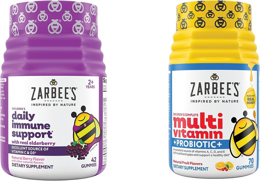 Zarbee's Kids Daily Immune Support & Kids Multivitamin + Probiyotik Multipack, Immune Support Gummies with Elderberry, Vitamin C & çinko, 42 ct, & Children's Vitamins + Probiyotik Gummies, 70 ct, 2