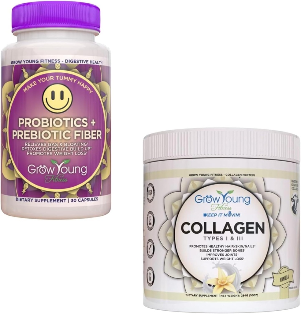 Grow Young Fitness Probiotic and Vanilla Collagen - Υποστηρίζει Digestive Health and Promotes Skin and Bones - (1) 30-Pack Probiotics + 12.4oz της Vanilla Collagen Powder