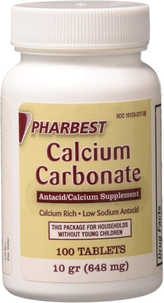 Pharbest Calcium Carbonate Antacid and Calcium Supplement 10 Grains - 100 Tablets by HARBEST