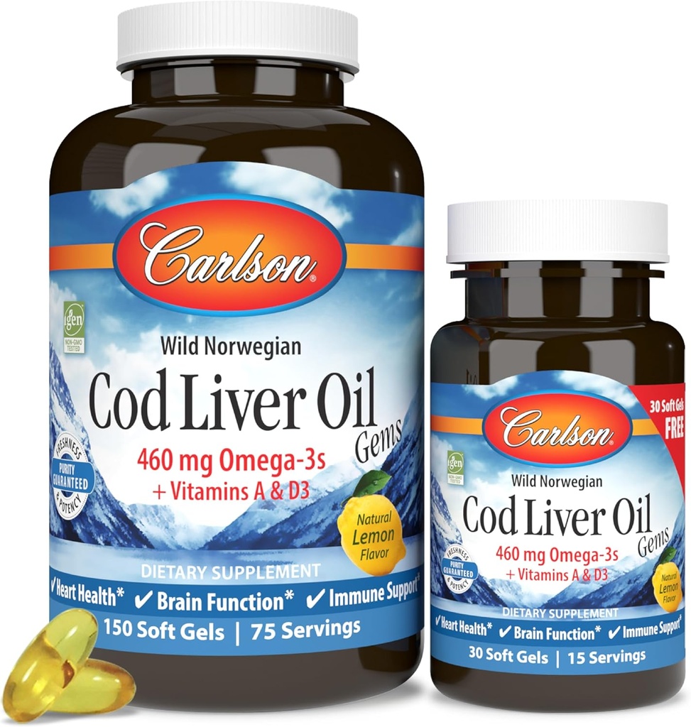 Carlson - Cod Liver Oil Gems, 460 mg Omega-3s + Vitamins A & D3, Wild-Caught Norveç Arctic Cod Liver Oil, Sustainable Sourced Nordic Fish Capsules, Lemon, 180 Softgels