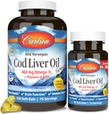 Carlson - Cod Liver Oil Gems, 460 mg Omega-3s + Vitamins A & D3, Wild-Caught Norveç Arctic Cod Liver Oil, Sustainable Sourced Nordic Fish Capsules, Lemon, 180 Softgels