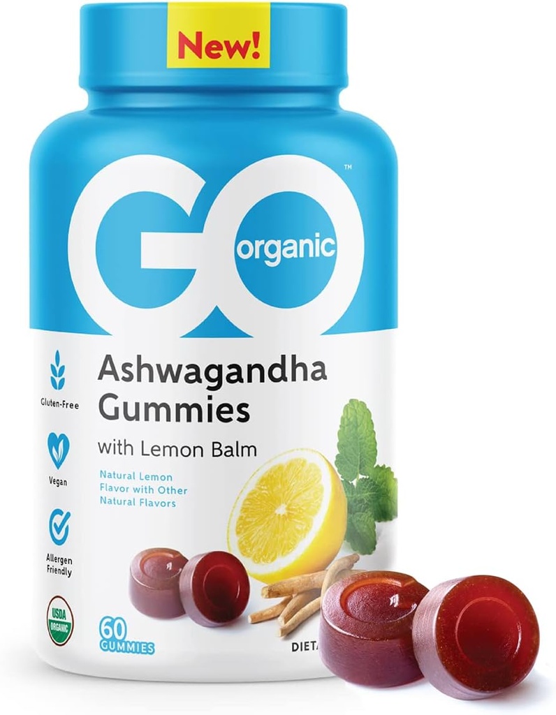 GO ORGANIC Stres Relief Ashwagandha Supplement Gummies | Lemon Flavored | 60 Kont