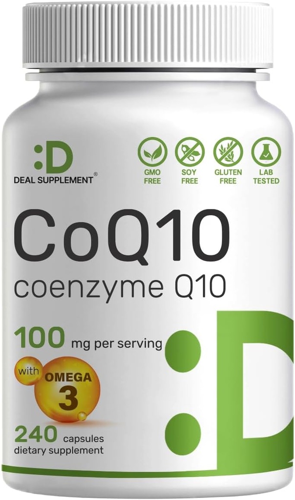 DEAL SUPPLEMENT CoQ10 100 mg with Omega 3 100 mg, 240 Capsules | Bio available Coenzyme Q10 Formula | Supports Heart, Energy & Brain Health | Antioksi Support | Non-GMOMO