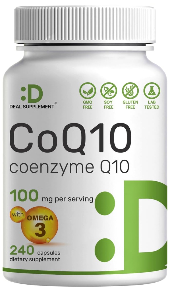 DEAL SUPPLEMENT CoQ10 100 mg with Omega 3 100 mg, 240 Capsules | Bio available Coenzyme Q10 Formula | Supports Heart, Energy & Brain Health | Antioksi Support | Non-GMOMO