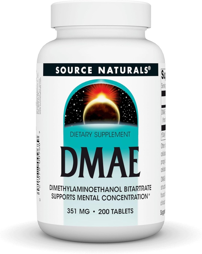 Source Naturals DMAE, Dimetilamino etanol Bitartrate - Supports mental Concentration - 200 Tabletler