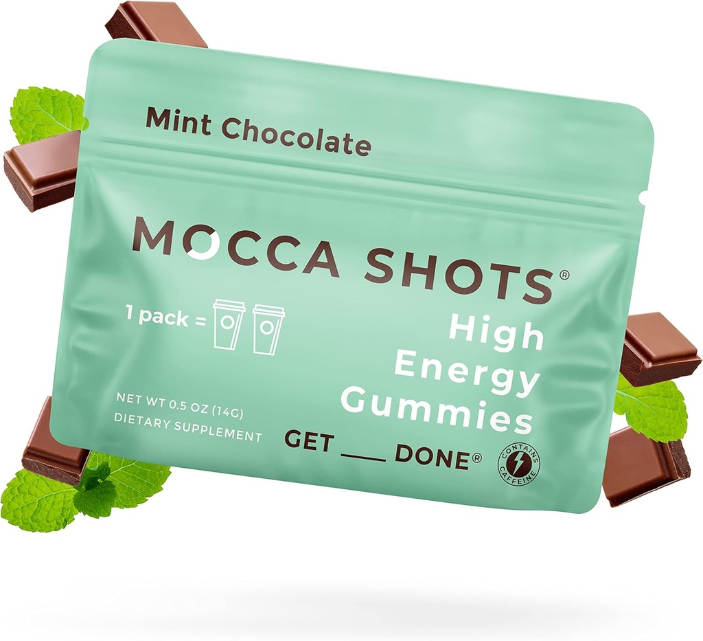 SGC Υψηλότερη συγκέντρωση 100mg καφεΐνη ανά Gummy, 2 Gummies ανά Pack, 12-Pack Mocca Shots Mint Chocolate Plant-Based nootropic Instant Energy with Ginkgo biloba, Theobromine.