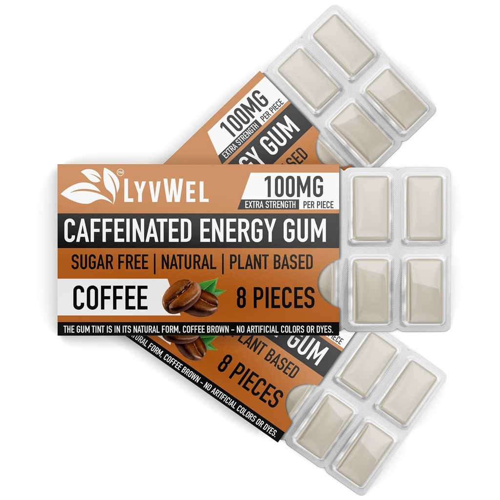 LyvWel Energy Gum | 100 mg Caffeine per gem | All Natural | Sugar-Free Pre-Workout Boost: Your Essential Energy Supplement to Stay Awake- 3 Pack (Coffee)