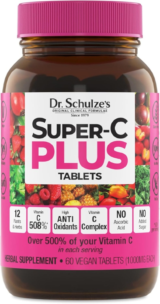 Το Super-C Plus του Dr. Schulze - Συμπλήρωμα βιταμίνης C για την υποστήριξη του ανοσοποιητικού - Υγεία του δέρματος & Αντιοξειδωτική Υποστήριξη - Φόρμουλα υψηλής ισχύος - Φυτική βάση Superfood - Χωρίς γλουτένη & Vegan - 60 Count (20 Servings)