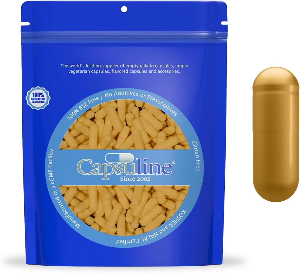 Capsuline Boyut 0 - Renkli Altın Boş Gelatin Capsules - 100 Kont - Boş Gel Pill Capsules - DIY Pure Bovine Pill Capsule - Boş Caps - Kosher ve Halal Sertifikalı