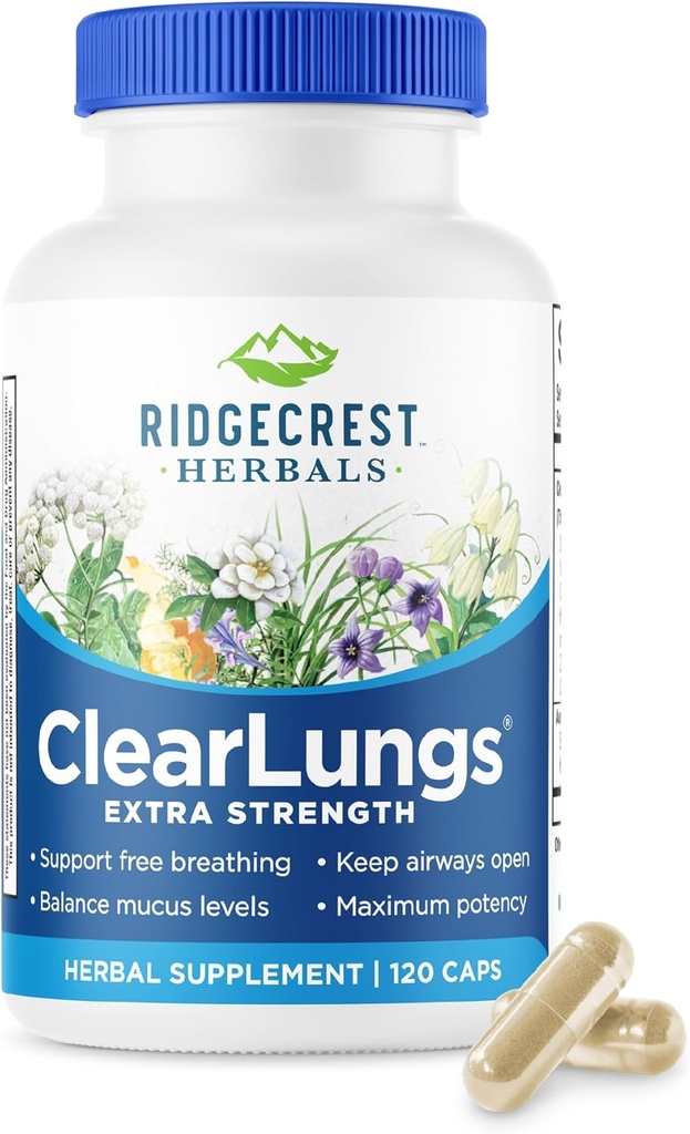 RidgeCrest Herbals ClearLungs Extra Strength, Φυσικός Πνεύμονας, Ρινική Φόρμουλα Υγείας, Bronchial, αναπνευστικό, Sinus, Mucus Support (120 Caps, 60 Serv)