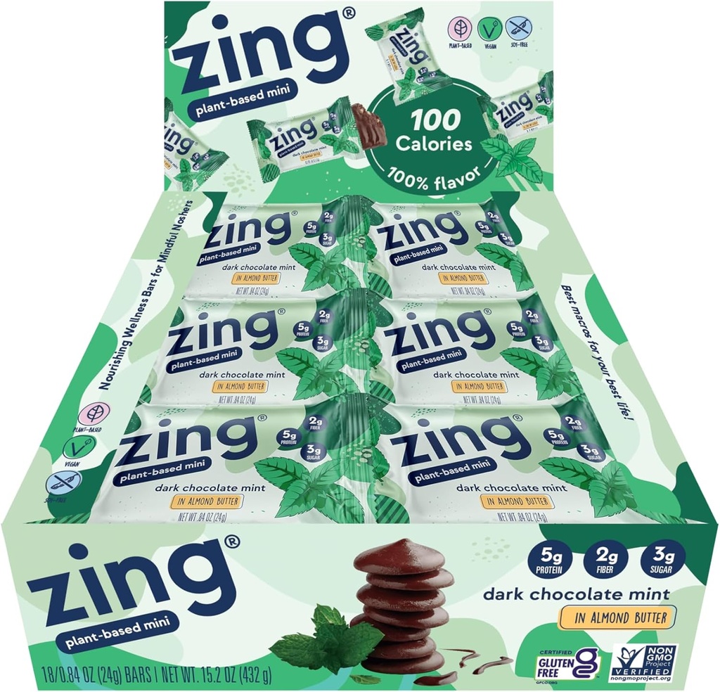Zing Dark Chocolate Mint Kids protein Bars, Gluten Free 100 Calorie Mini Bars with High protein, Vegan Beslenme Bars, Dairy Free Plantive protein, Kosher, Low Sugar, No Sugar Alkols-18 count