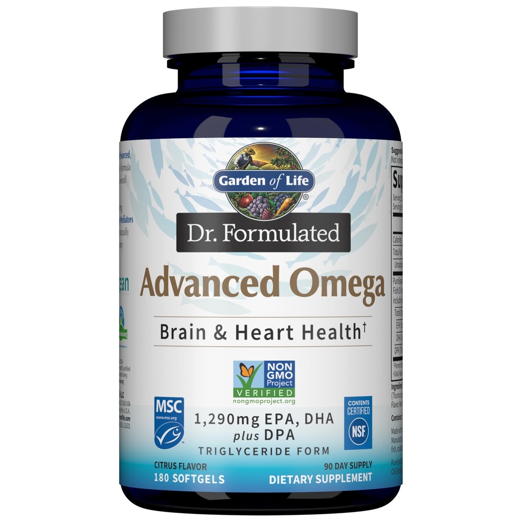Κήπος της ζωής Dr. Formulated Advanced Omega Fish Oil - λεμόνι, 1.290mg EPA, DHA + DPA σε μορφή τριγλυκεριδίων, ενιαία πηγή Omega 3 συμπλήρωμα για Ultimate Brain & Heart Health, Non-GMO, 180 Softgels