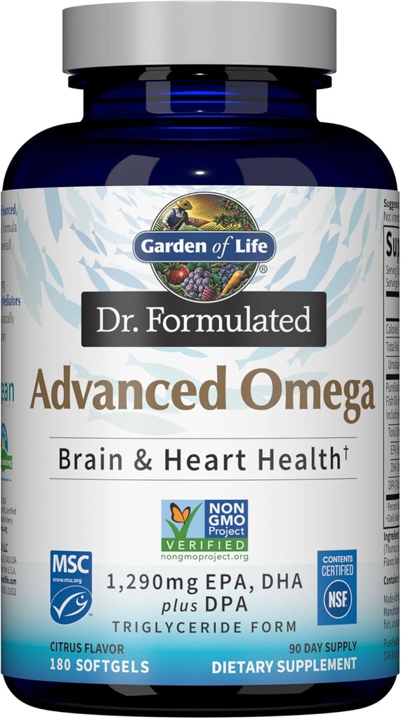 Life Dr. Formulated Advanced Omega Fish Oil - Lemon, 1.290 mg EPA, DHA + DPA in Triglyceride Form, Single Source Omega 3 Supplement for Ultimate Brain & Heart Health, Non-GMO, 180 Softgels