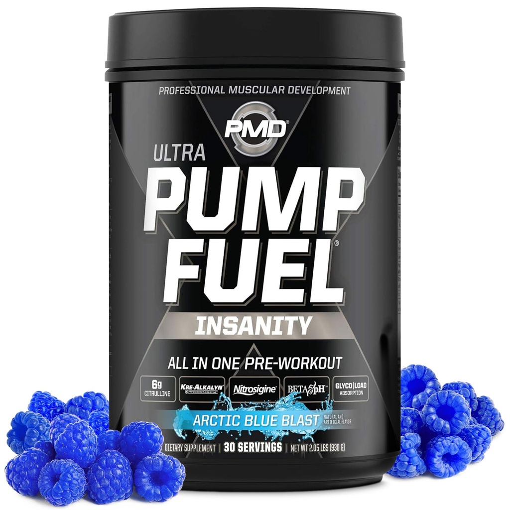 PMD Sports Pump Yakıt Insanlığı - Premium Pre Workout Toz & Muscle Pump, Greater Focus, Endurance & Recovery, Premium Kreine, Arginine & Beta Alanine - Arctic Blue Blast (30 hizmet)