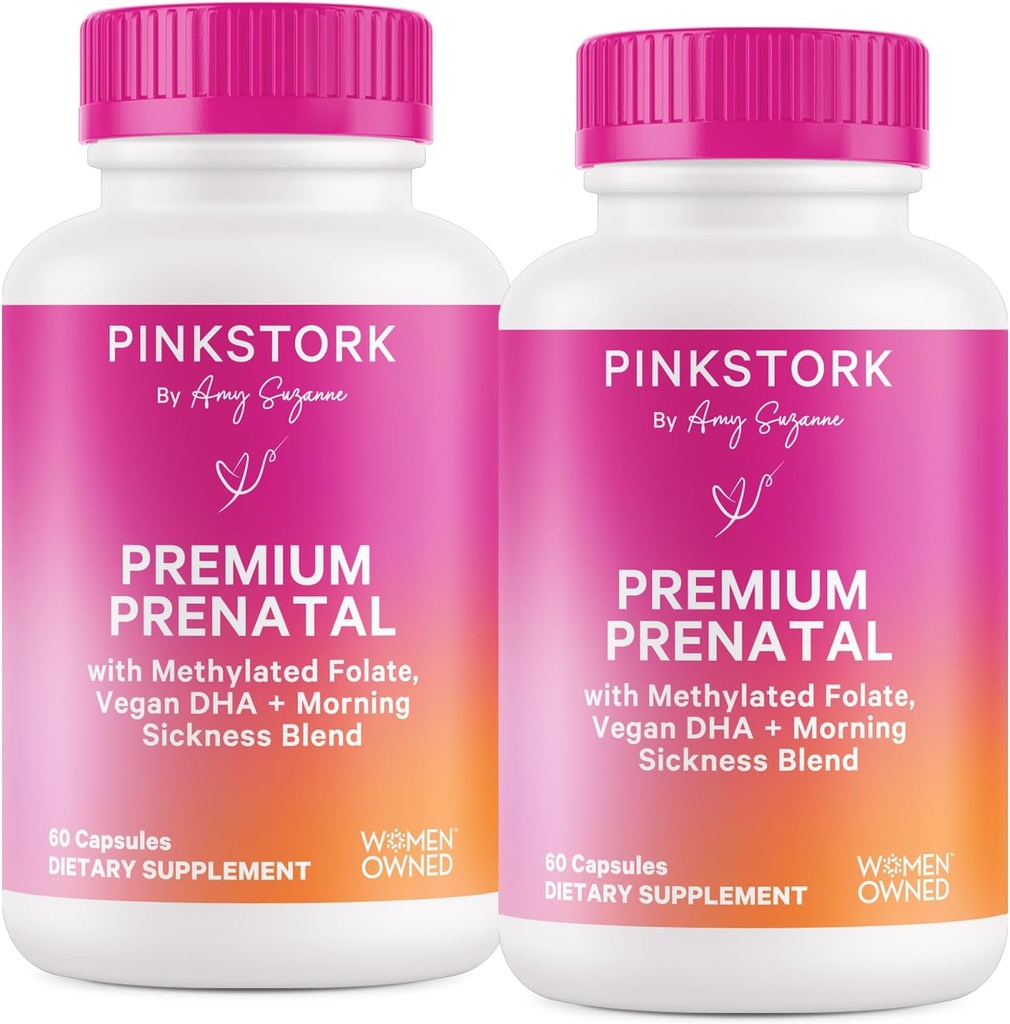 Pink Stork Premium Προγεννητική Βιταμίνη για τις γυναίκες - Πολυβιταμίνη & Προβιοτικά - Πρωινή Ασθένεια, Διέγερση, & Ενέργεια - Folate, B6, & Iron - 60 Κάψουλες - 2 Συσκευασία