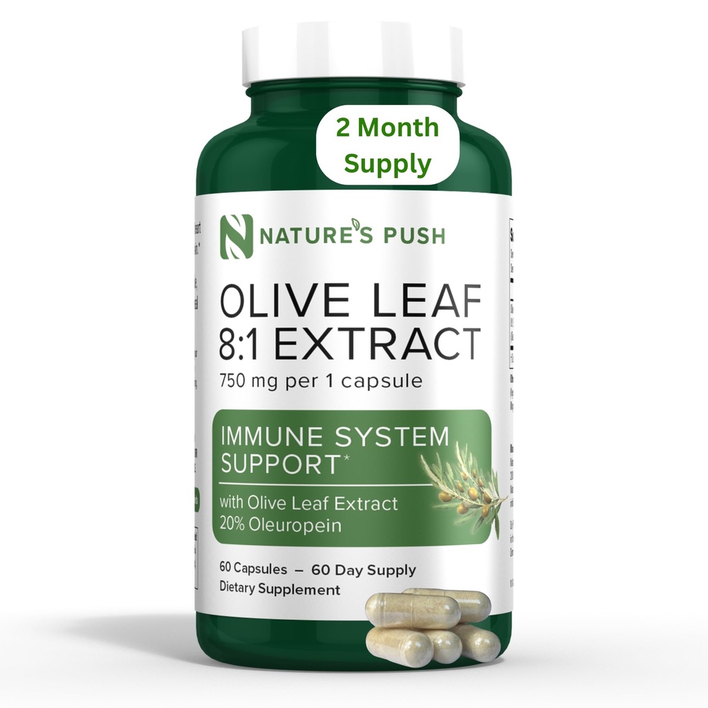 Nature's Push Super Potent Olive Leaf 8:1 Extract% 20 Ol Europein 750 mg Capsule Immune System, Skin ve Heart Health Support Vegan Non-GMO USA cGMP Gluten Free Antioksis 60 Capsules 2 Ay Supply Capsule