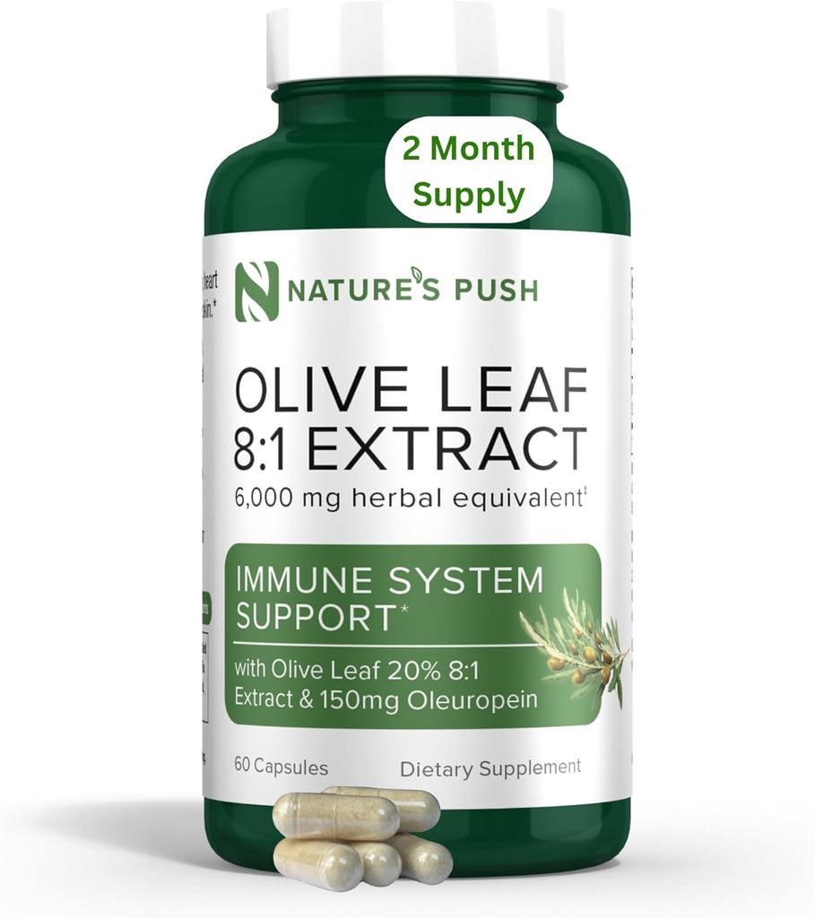 Nature's Push Super Potent Olive Leaf 8:1 Extract% 20 Ol Europein 750 mg Capsule Immune System, Skin ve Heart Health Support Vegan Non-GMO USA cGMP Gluten Free Antioksis 60 Capsules 2 Ay Supply Capsule