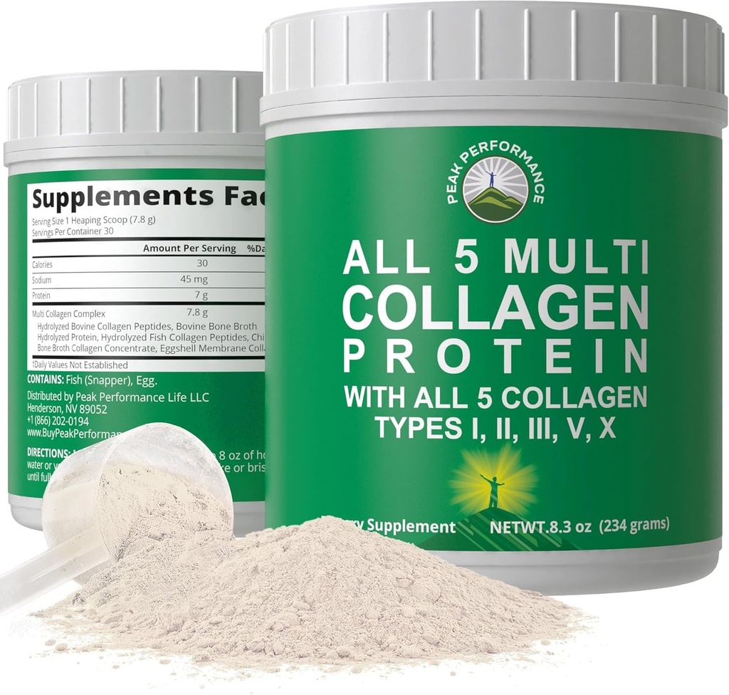 Peak Performance All 5 Multi-Collagen Protein Toz, Multi-Collagen Contains All Type I, II, III,V, X. Keto, Paleo Friendly with Hydrolyzed Bovine, Marine, Chicken, Bone Broth Collagens