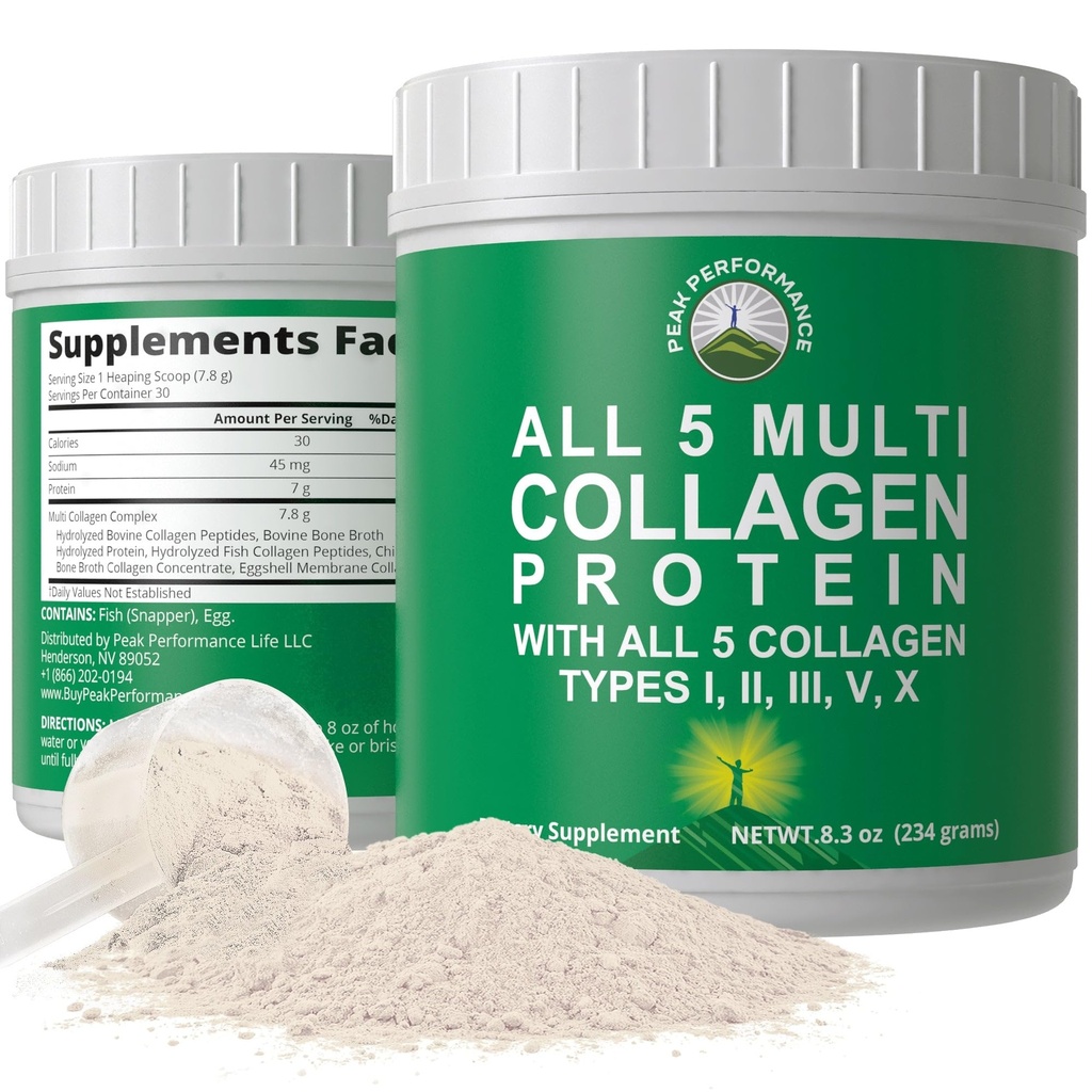 Peak Performance All 5 Multi-Collagen Protein Toz, Multi-Collagen Contains All Type I, II, III,V, X. Keto, Paleo Friendly with Hydrolyzed Bovine, Marine, Chicken, Bone Broth Collagens