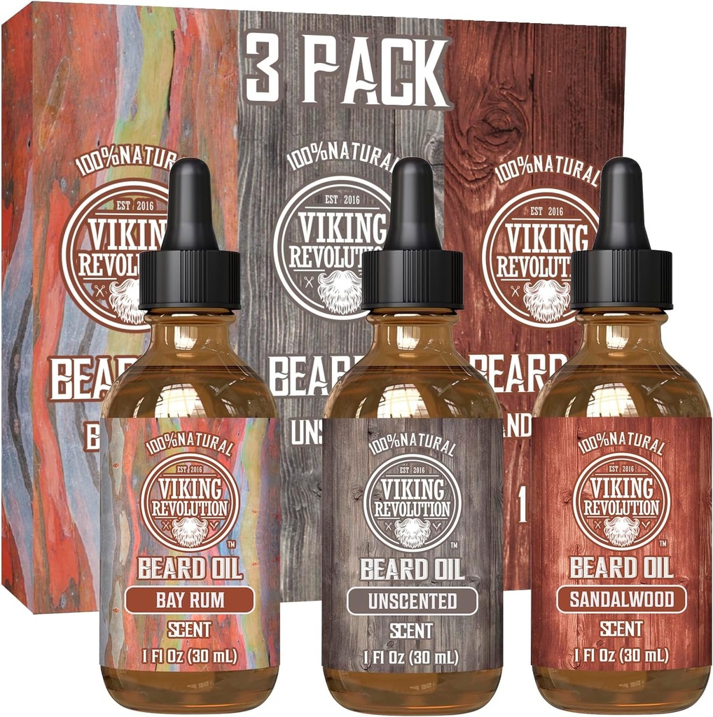 Viking Revolution Beard Oil for Men 3 Pack - Φυσικό Mens Beard Oil Variety Σετ 2 - Σανδαλόξυλο, Αρωματισμένο και Bay Rum Scents - Γυμνή Κατάσταση και Ενυδατική για ένα Υγιεινό Γήπεδο (3 Pack, 1oz)