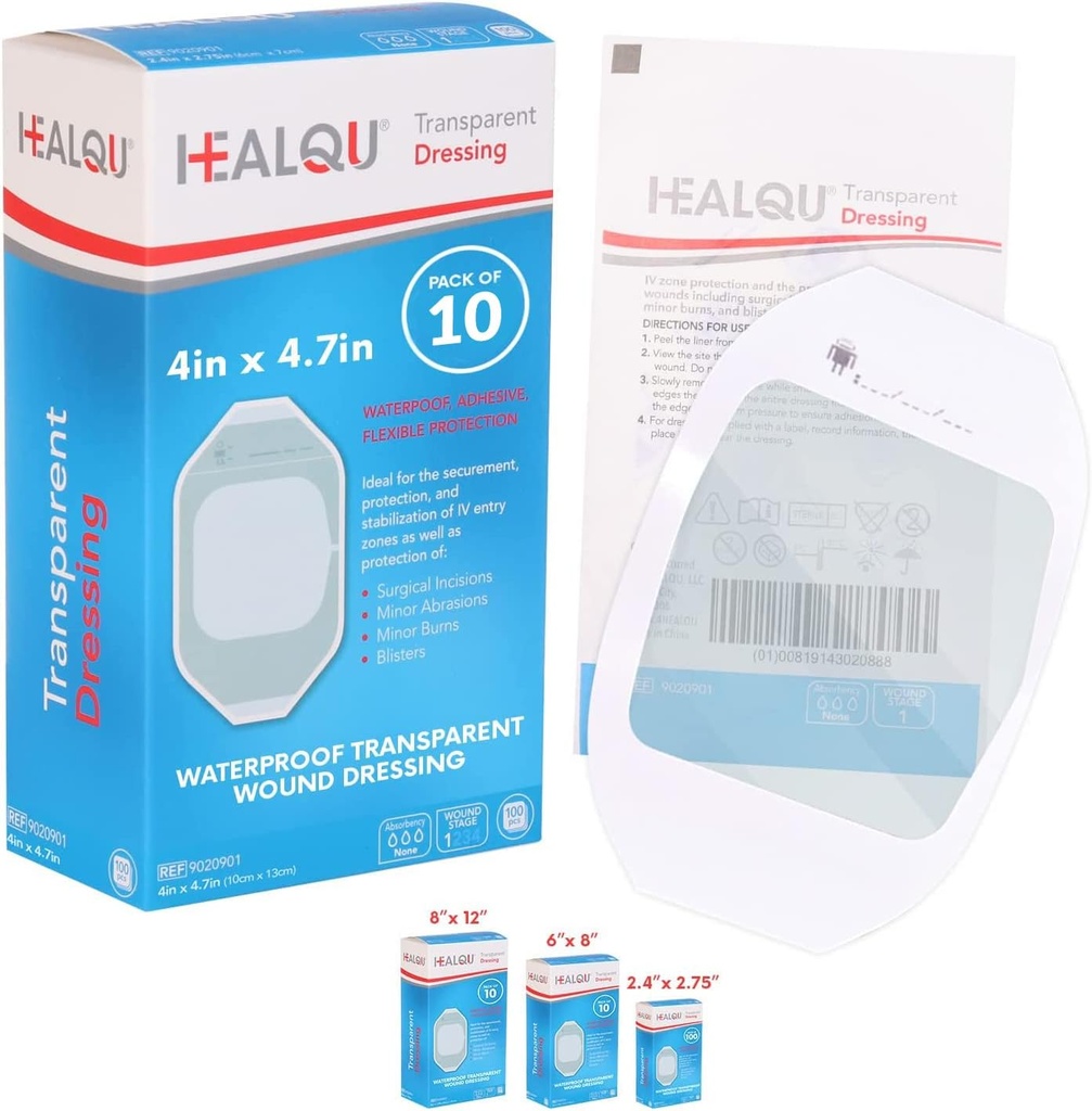 Mix Film 4" x 475" (10 Pack) - Post-Surgical Duş için Su geçirmez Yaralar, IV Shield, Aftercare, Clear Breathable Dressing Patches by HEALQU