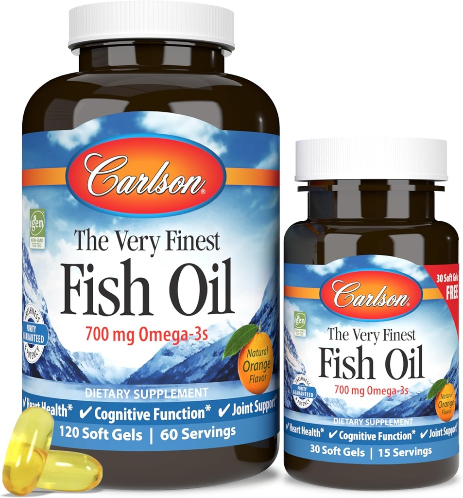 Carlson - The Very Finest Fish Oil, 700 mg Omega-3s, Norveç Fish Oil Supplement, Wild Caught Omega-3 Fish Oil, Sustainable Sourced Fish Oil Capsules, Omega-3 Supplement, Orange, 120+30 Softgels
