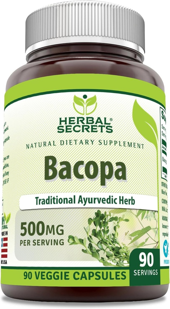 Herbal Sırları Bacopa Toz 500 Mg 90 Veggie Capsules Supplement | Non-GMO | Gluten Free | Made in USA