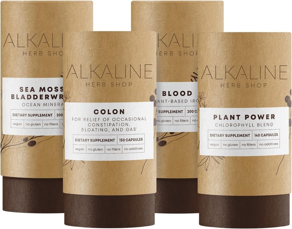 Alkaline Herb Shop Mild Detox Bundle - Sea Moss & Bladderwrack, Plant Power (Χλωροφύλλη), Blood (Σίδηρος), και Colon (Ευτυχής Colon)
