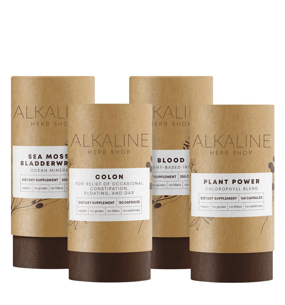 Alkaline Herb Shop Mild Detox Bundle - Sea Moss & Bladderwrack, Plant Power (Chlorophyll), Blood (Iron), and Colon (Happy Colon)