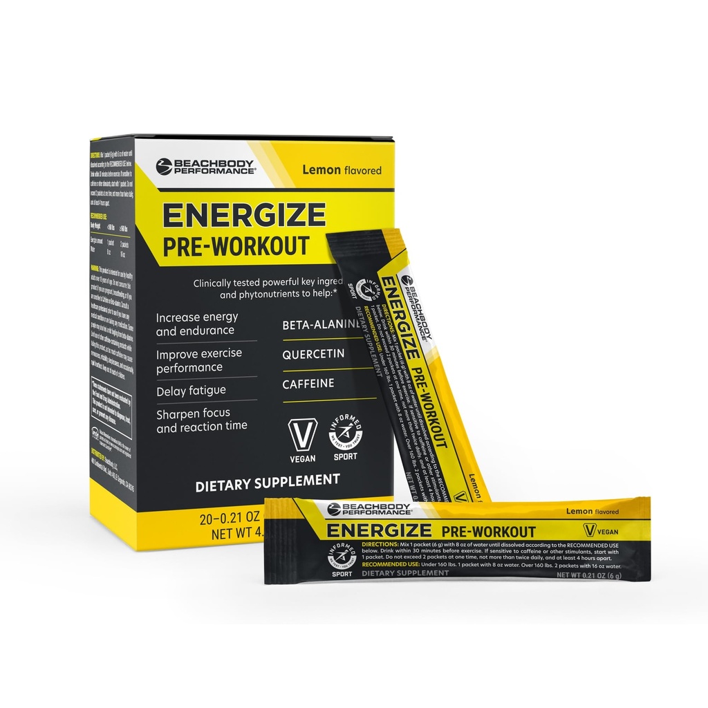 BODi Energize Pre Workout Toz - Beta-Alanine, Quercetin & Low-Dose Caffeine Formula Gelişen Enerji ve Odak, Enerji ve Endurance Supplement, Limon Flavored, 20 Sticks