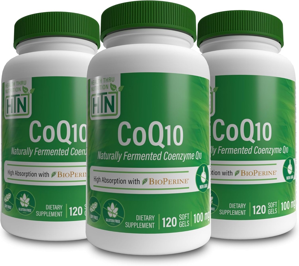 Sağlık Thru Beslenme CoQ-10 100 mg ile BioPerine (Pazar 3X 120 Softgels) | Yüksek Apsiyon Doğal Fermented USP Grade Coenzyme Q10 | 3rd Parti Test Edildi | Kalp Sağlığı ve Enerji Desteği