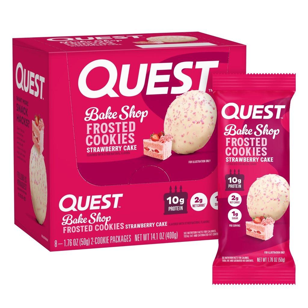 Quest Nutrition Frosted Cookies Twin Pack, Strawberry Kek, 1g Sugar, 10g protein, 2g Net Carbs, Gluten Free, 16 Cookies