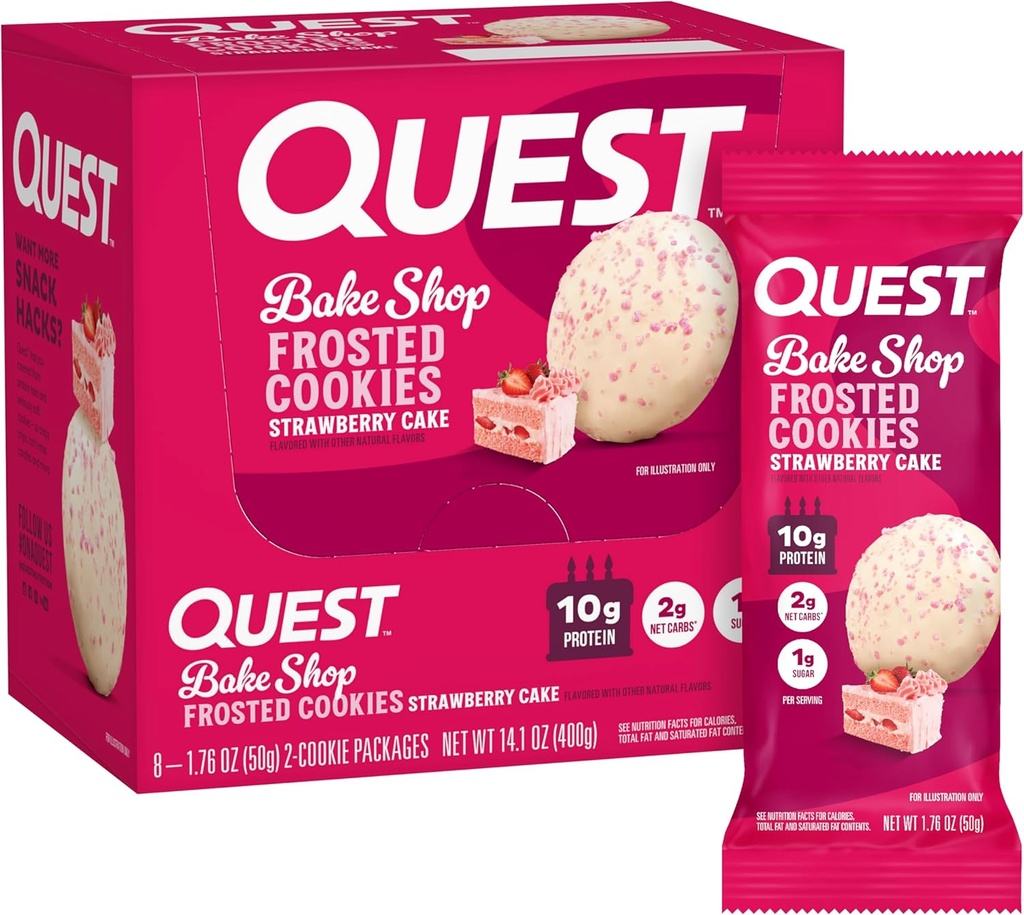 Quest Nutrition Frosted Cookies Twin Pack, Strawberry Kek, 1g Sugar, 10g protein, 2g Net Carbs, Gluten Free, 16 Cookies