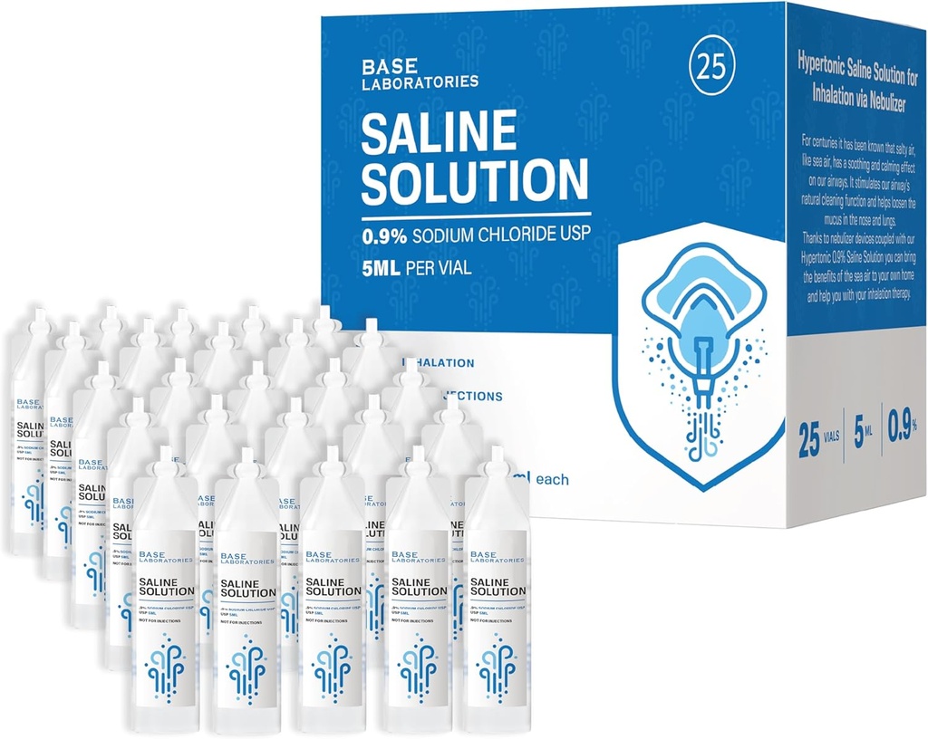 BASE LABORATUVIES% 0.9 Saline Solution for Nebulizer Machine | Saline Solution for Inhalation & Nasal Irrigation |% 0.9 Concentration l 25 Vials 5 ml Unit Dosese