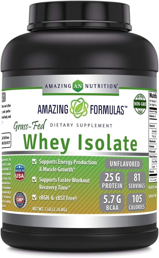 Amazing Formulas Grass-Fed Whey proteini | 5 Lbs (2.26 kg) | 5.7 Grams BCAA | ABD'de Yapıldı (5 Lb, Unflavored)