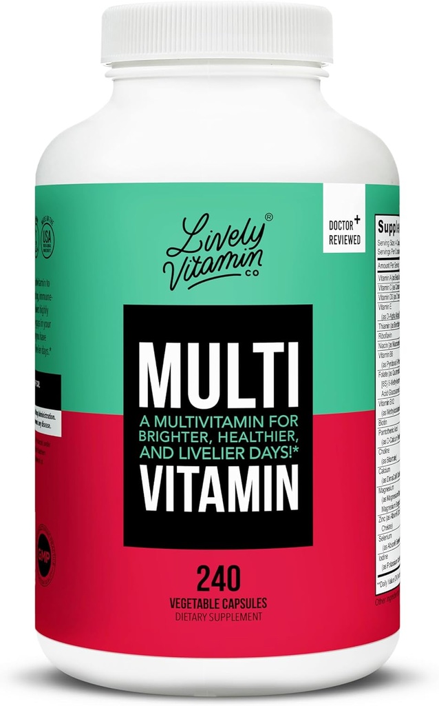 LIVELY VITAMIN CO. Multivitamin - 37 Vitamin Mineraller ve Türler - Enerji - Memory - Immune Function - Heart- Brain - Focus - Mood - Antioksis - Dairy Gluten Soy Free - 240 Vegetarian Capsules