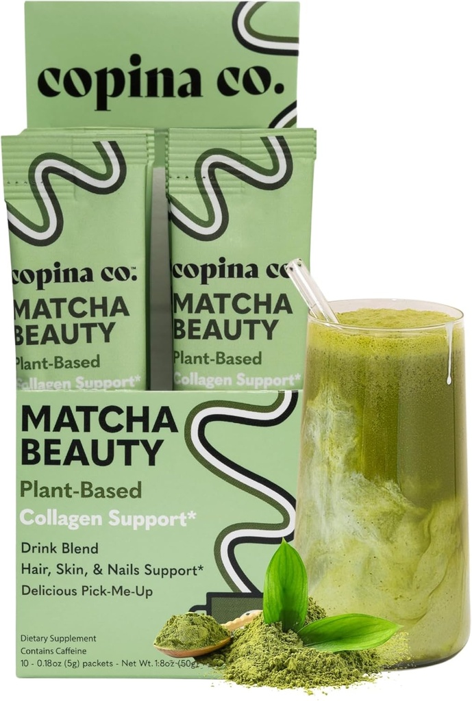 Copina Co. Matcha Beauty Vegan Collagen Booster Drink Blend: Plant Based Collagen Support Smoothie Drink Vegan Blend Variety Pack | Matcha Flavor | 10 Individual Stick Packs per Carton