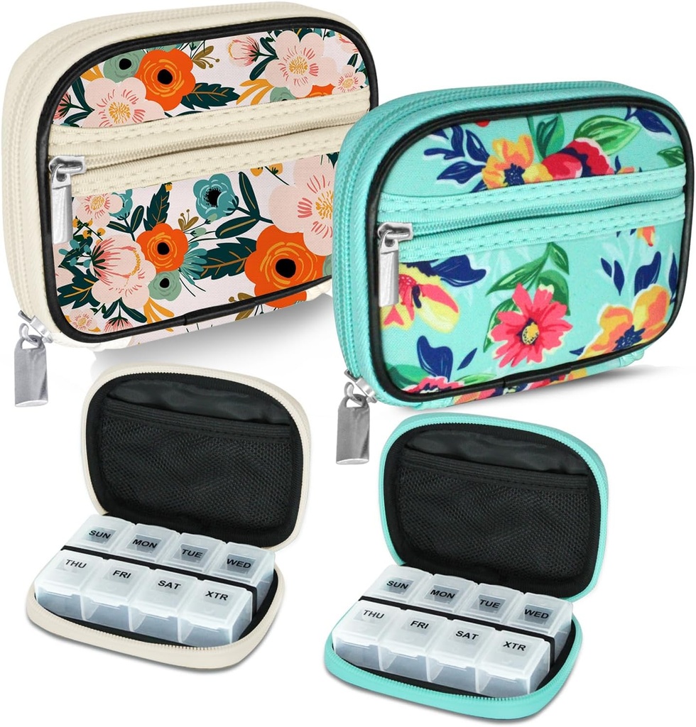 Serfeymi Weekly Travel Pill Organizer Pill Case for Purse with Reforce 7 Day Pill Box, Fashionable Travel Medicine Organizer Pill Konteyner for Medicine, Vitamin, Supplement - Bloom 01 + Green 01