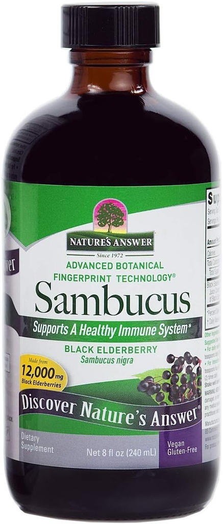 Nature's Answer Sambucus Black Elder Berry Extract Syrup in Plastik Şişe Alkol Özgür 8Fluid Ounces | Daily Immune Support | Packed with Antioksis | Family Friendly | Flue Season Defender