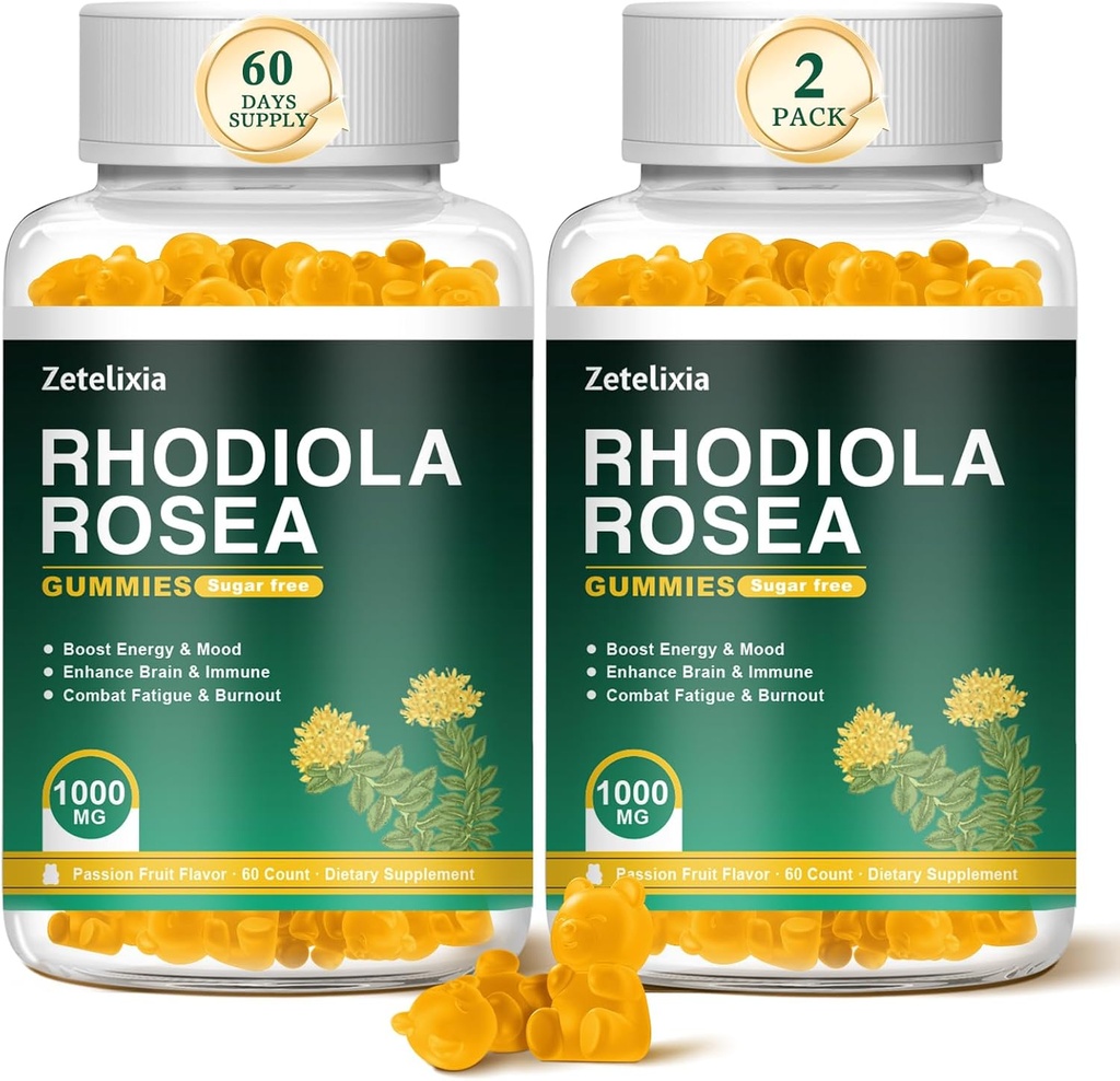 2 Pack Sugar-Free Rhodiola Rosea Gummies 1000mg, Rhodiola Rosea Supplement for Women & Men, Support Endurance, Mood & Energy, Non-GMO, Vegan, 120 Count