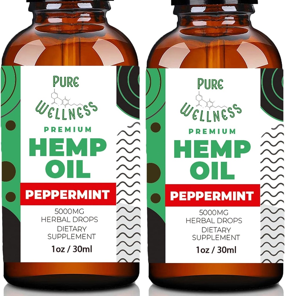 Saf Wellness Hemp Seed Oil Drops Peppermint Flavor for Improv Cognitive Function, Omega 3 6 9 Fatty Acids, Organic, Non-GMO, Vegan (5,000 mg 2Pack)