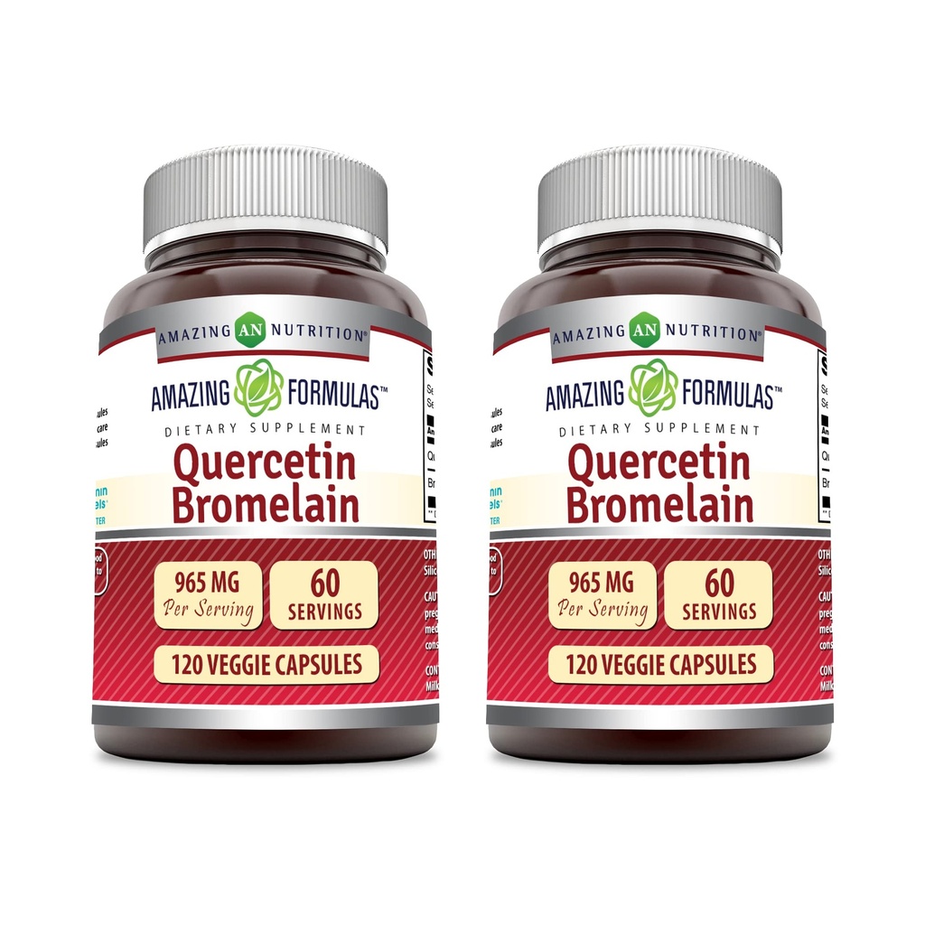 Amazing Formulas Quercetin 800 mg with Bromelain 165 mg, 120 Veggie Capsules Supplement (Pack of 2) - Non-GMO - Gluten Free - Supports General Health & Well Being