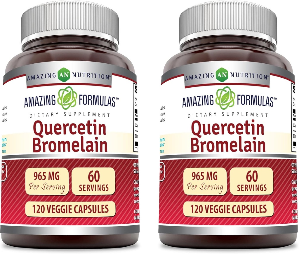 Amazing Formulas Quercetin 800 mg with Bromelain 165 mg, 120 Veggie Capsules Supplement (Pack of 2) - Non-GMO - Gluten Free - Supports General Health & Well Being