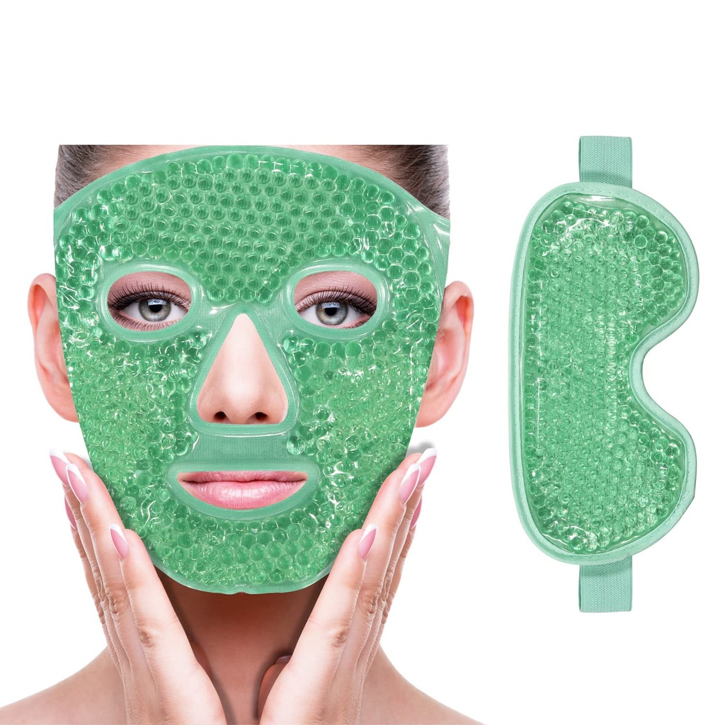 ZNÖCUETÖD Soğutma Buz Yüz Göz Maskesi Puffiness, Bag Under Eyes,Sinus, Redness,Pain Relief,Dark Circles, Migraine,Hot/Cold Pack with Soft Plush Backing (Yeşil Maskesi)