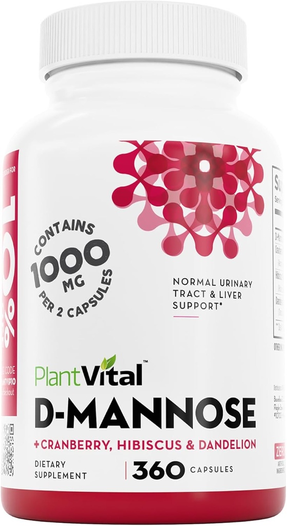 Plantvital D Mannose Capsules with Cranberry - D-mannose 1000mg Capsules - High Potency for Bladder, Kidney and Urinary Tract Support. Cranberry Powder with Hibiscus and Dandelion. 6 Months Supply