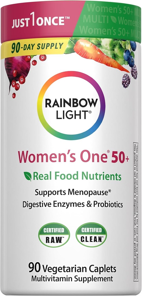 Rainbow Light Multivitamin for Women 50+, Vitamin C, D & çinko, Probiyotikler, Women's One 50+ Multivitamin Yüksek Lisans Immune Support, Non-GMO, Vegetarian, 90 Tabletler
