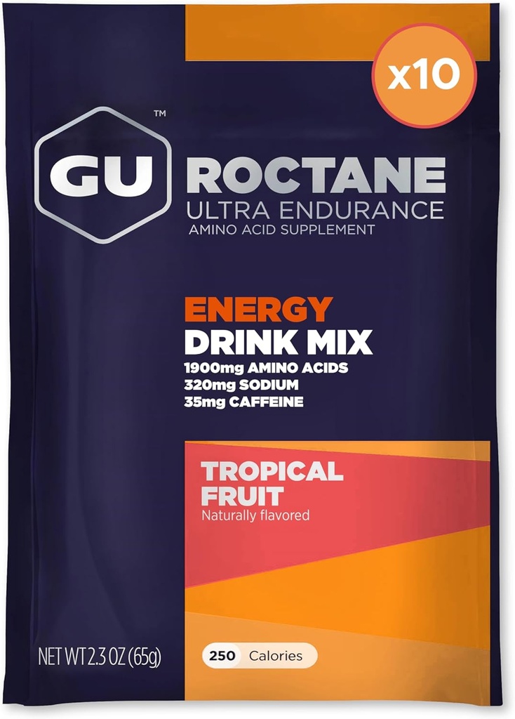 GU Energy Roctane Ultra Endurance Energy Drink Mix, Vegan, Gluten-Free, Kosher, 35mg of Caffeine, and Dairy-Free n-the-Go Energy for Any Workout, 10 Single-Serving Packets, Tropical Fruit